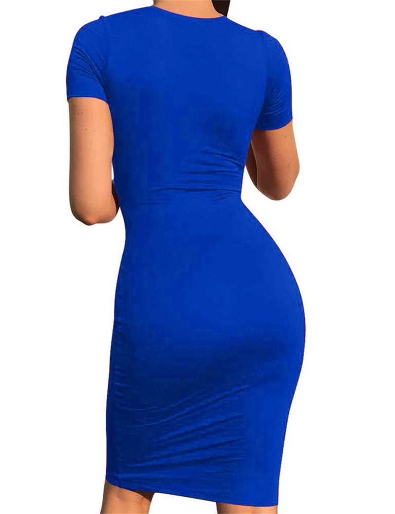 Mokoru Women's Casual Basic Pencil Dress Sexy Long Sleeve Bodycon Midi Club Dress, Large, Short Sleeve Royal Blue - Image 3